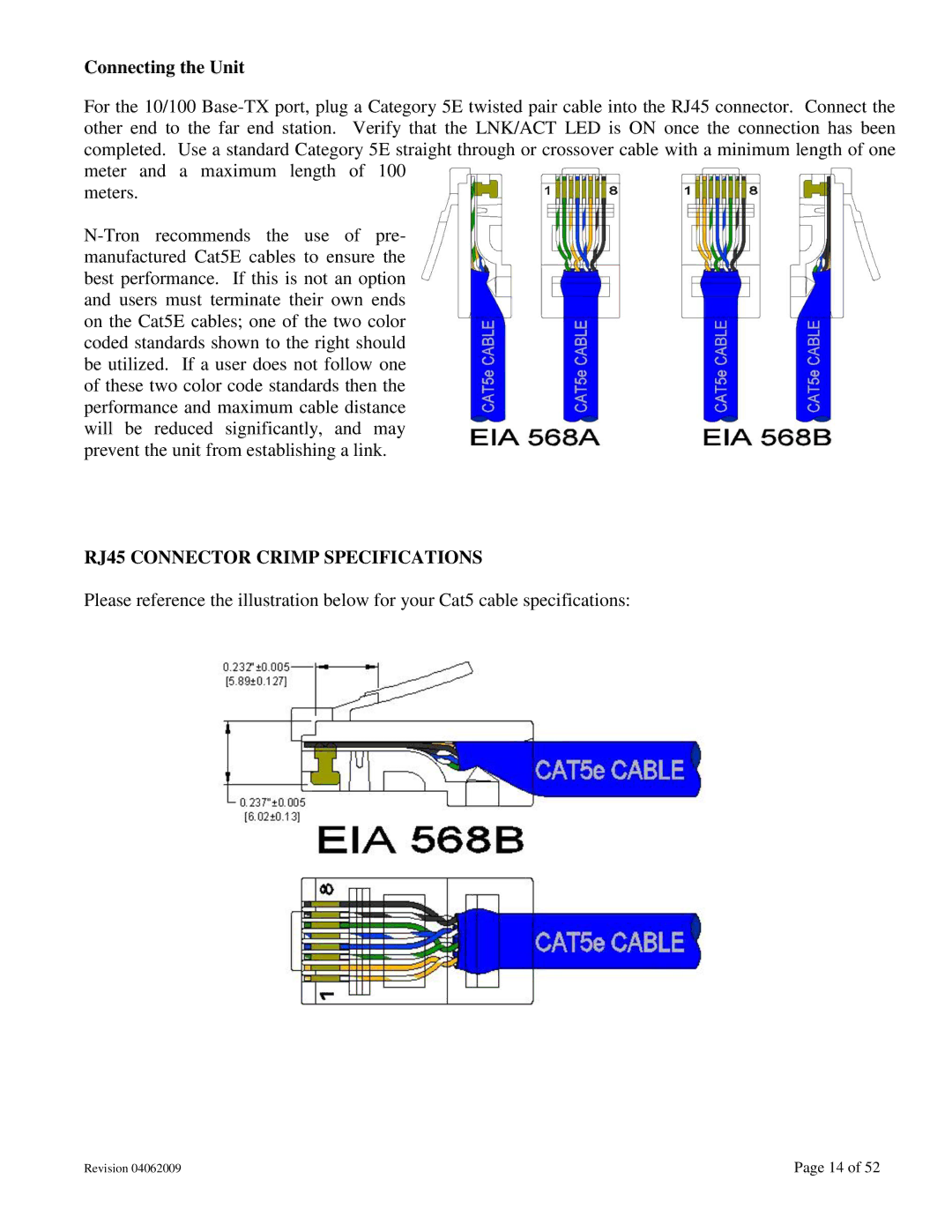 N-Tron 702M12-W user manual Connecting the Unit, RJ45 Connector Crimp Specifications 