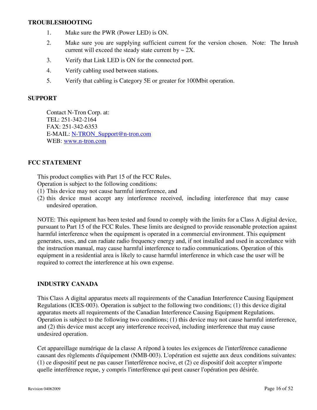 N-Tron 702M12-W user manual Troubleshooting, Support, FCC Statement, Industry Canada 