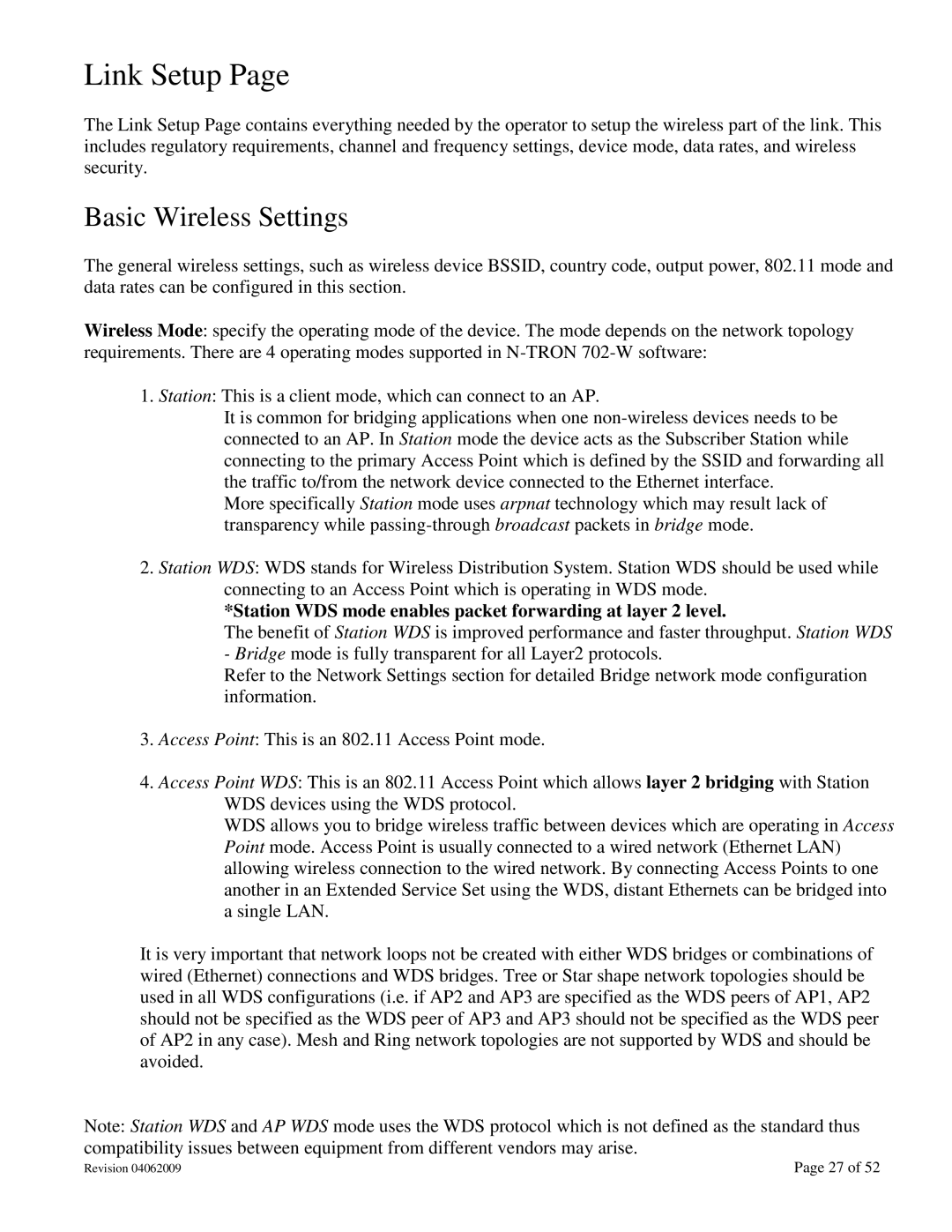 N-Tron 702M12-W user manual Basic Wireless Settings, Station WDS mode enables packet forwarding at layer 2 level 