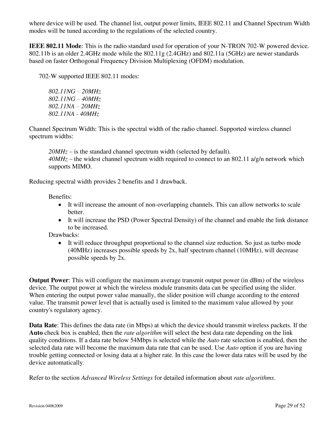 N-Tron 702M12-W user manual 802.11NG 20MHz 802.11NG 40MHz 802.11NA 20MHz 802.11NA 40MHz 