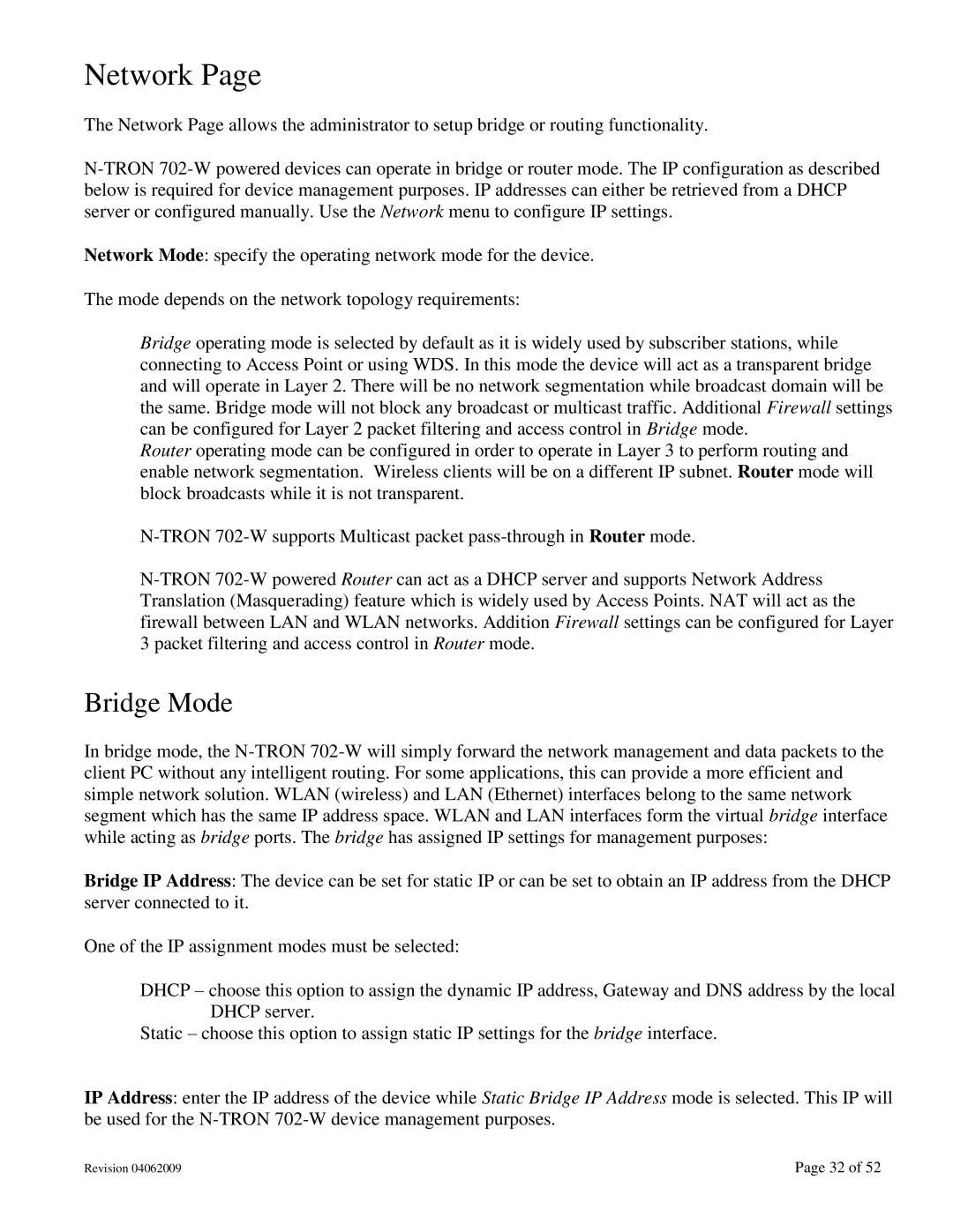 N-Tron 702M12-W user manual Network, Bridge Mode 