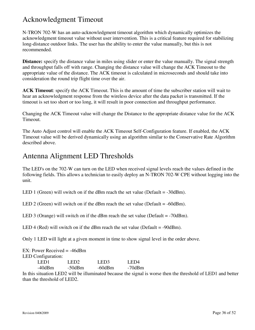 N-Tron 702M12-W user manual Acknowledgment Timeout, Antenna Alignment LED Thresholds 