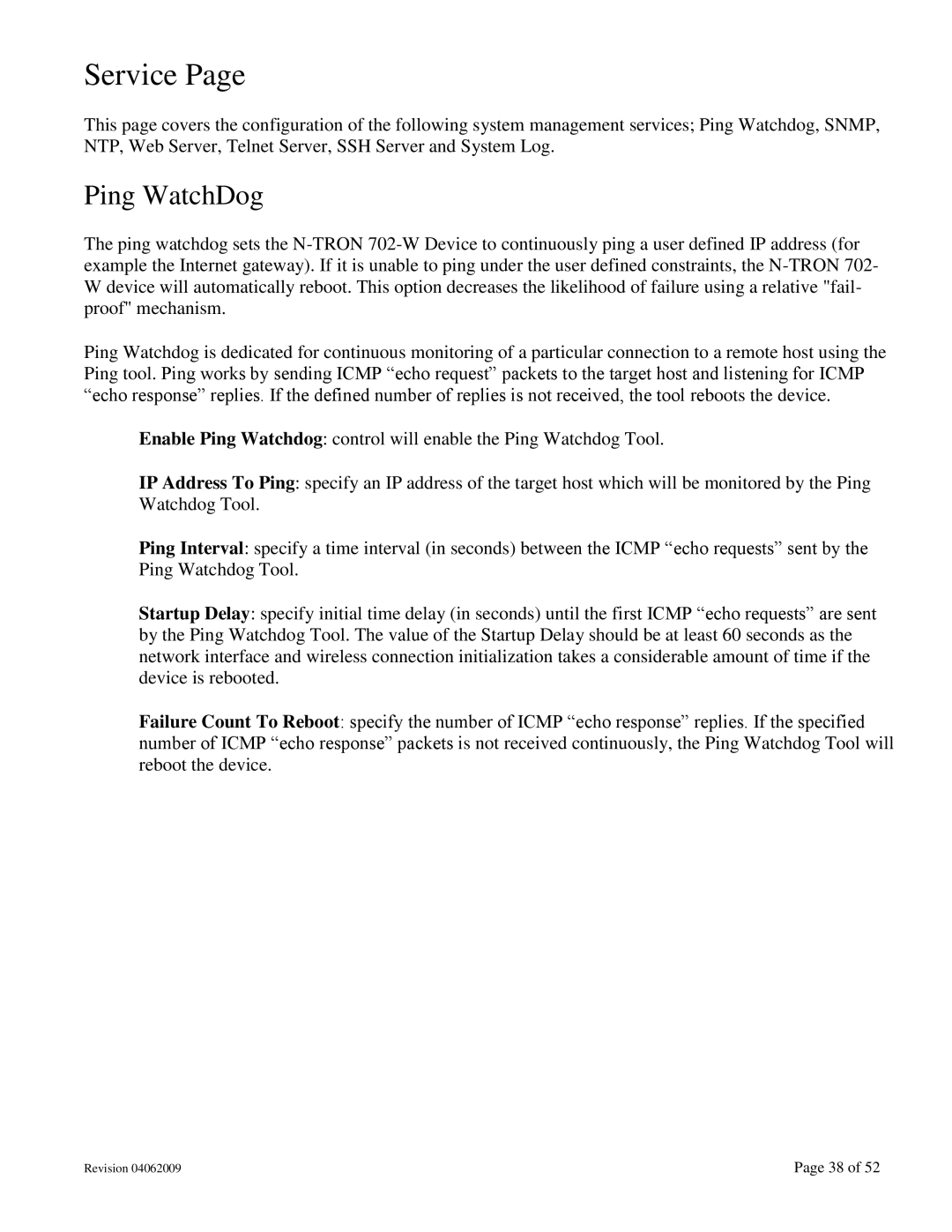 N-Tron 702M12-W user manual Service, Ping WatchDog 