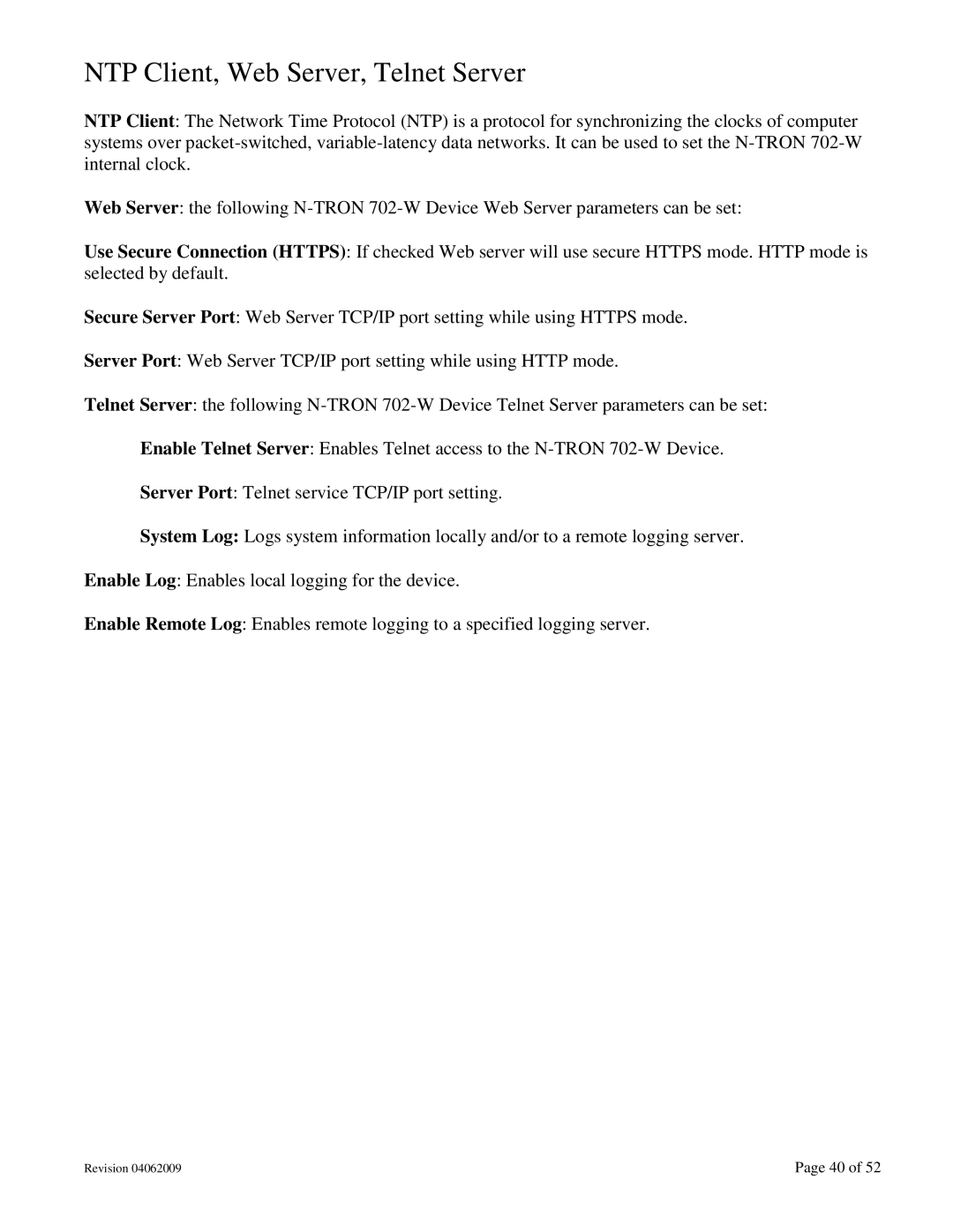 N-Tron 702M12-W user manual NTP Client, Web Server, Telnet Server 