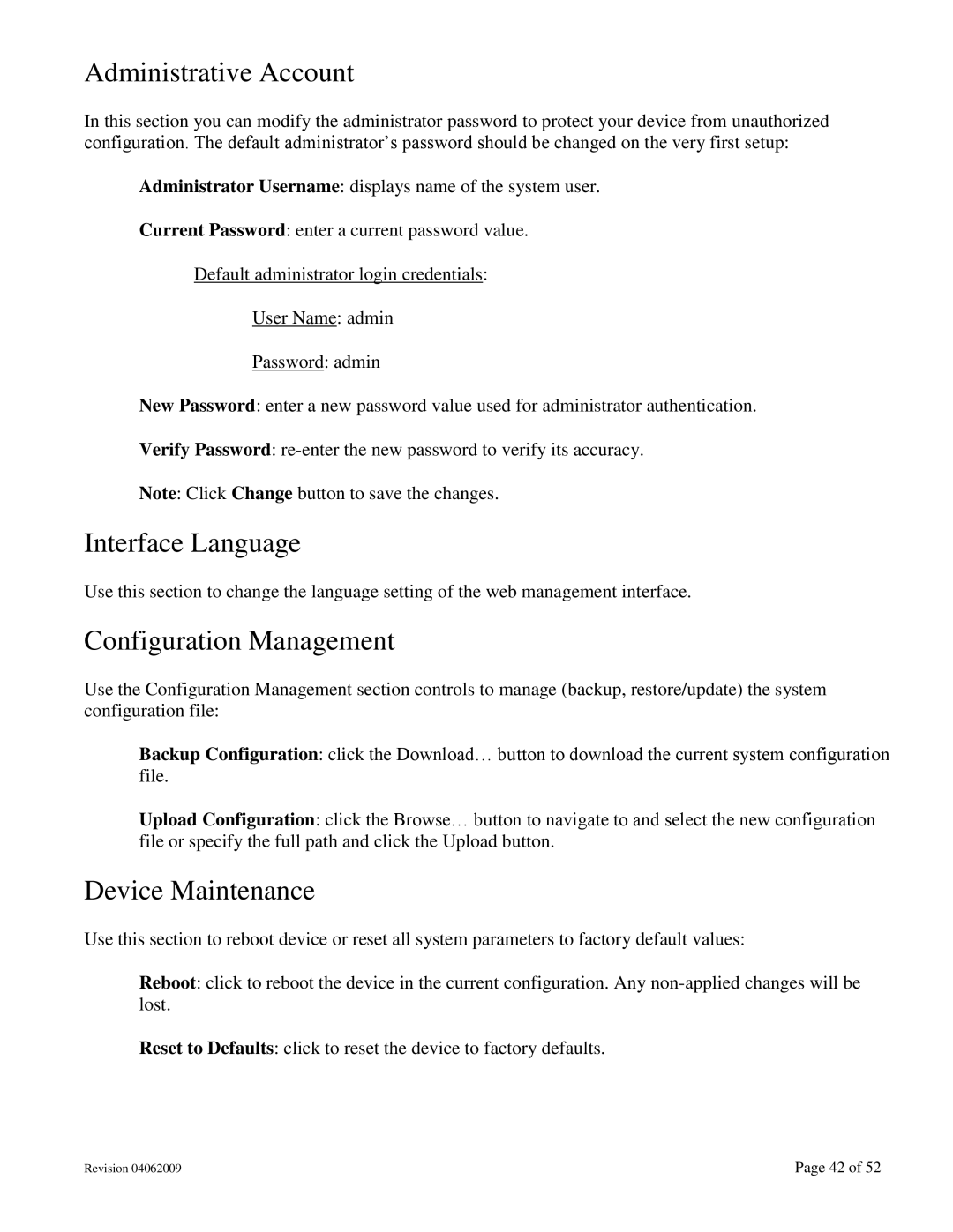 N-Tron 702M12-W user manual Administrative Account, Interface Language, Configuration Management, Device Maintenance 