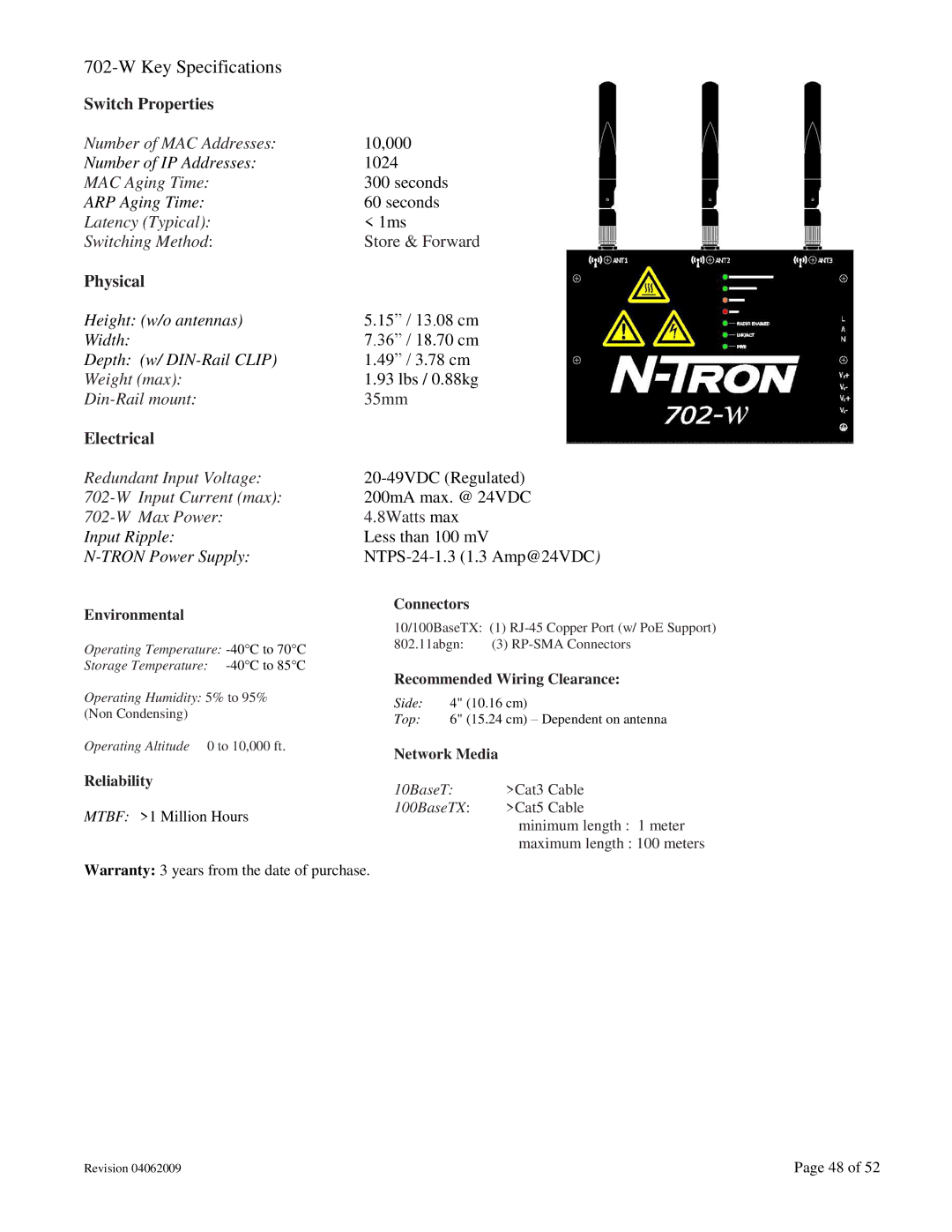 N-Tron 702M12-W user manual Key Specifications 