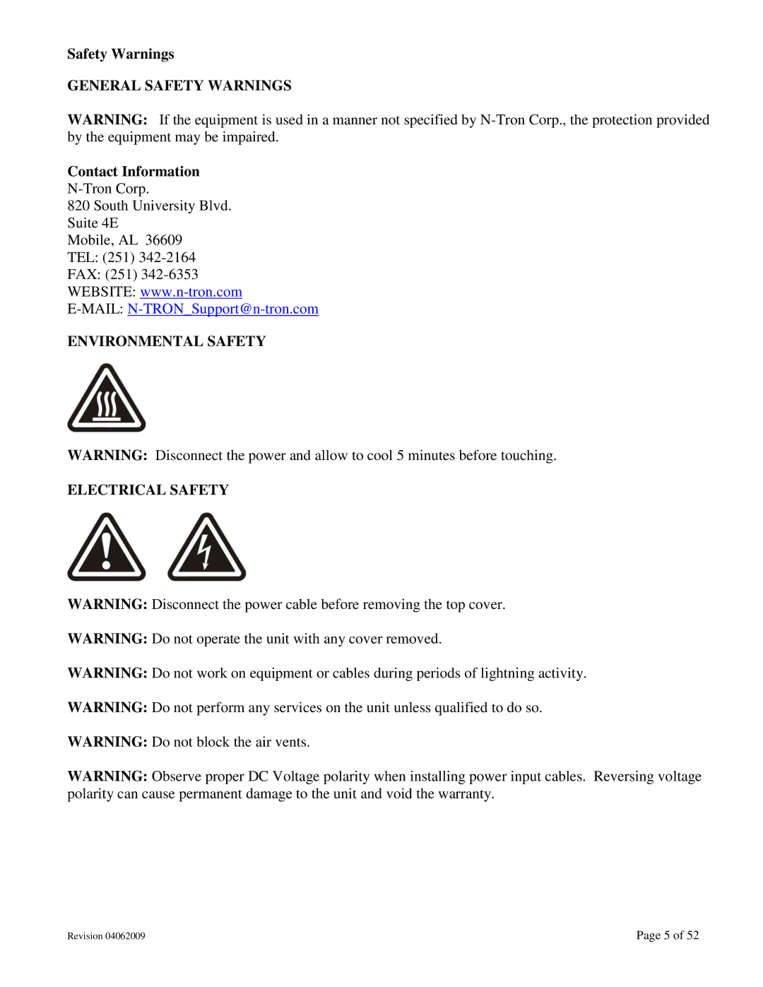 N-Tron 702M12-W user manual General Safety Warnings, Contact Information, Environmental Safety Electrical Safety 