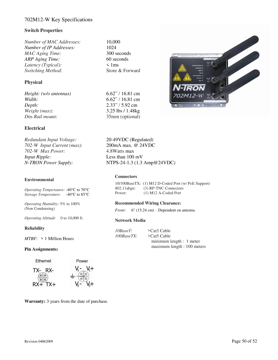 N-Tron user manual 702M12-W Key Specifications 