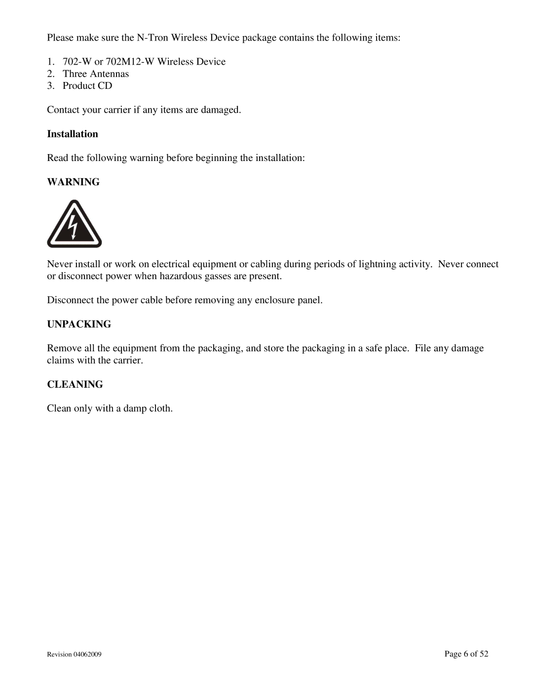 N-Tron 702M12-W user manual Installation, Unpacking, Cleaning 