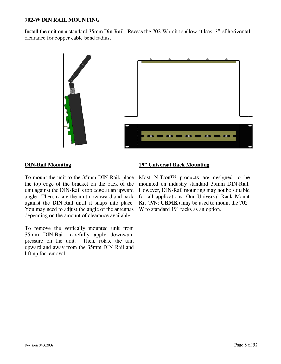 N-Tron 702M12-W user manual DIN Rail Mounting, DIN-Rail Mounting, Universal Rack Mounting 