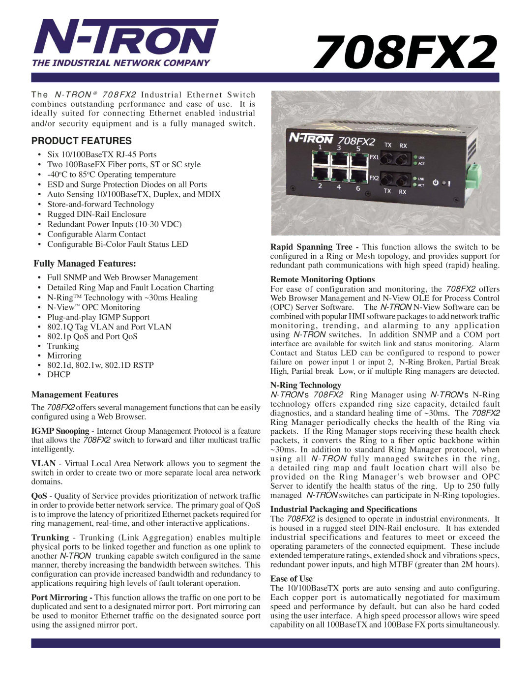 N-Tron 708FX2 specifications Remote Monitoring Options, Ring Technology, Industrial Packaging and Speciﬁcations 