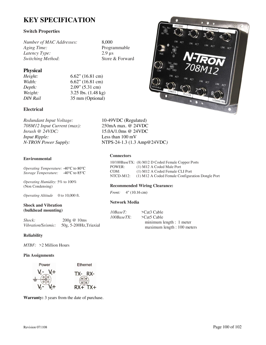 N-Tron 708M12 user manual KEY Specification, Physical 