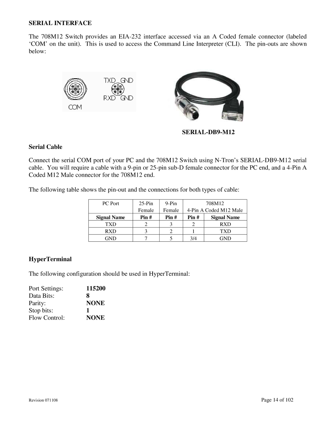 N-Tron 708M12 user manual Serial Cable, HyperTerminal, 115200, Signal Name Pin # 