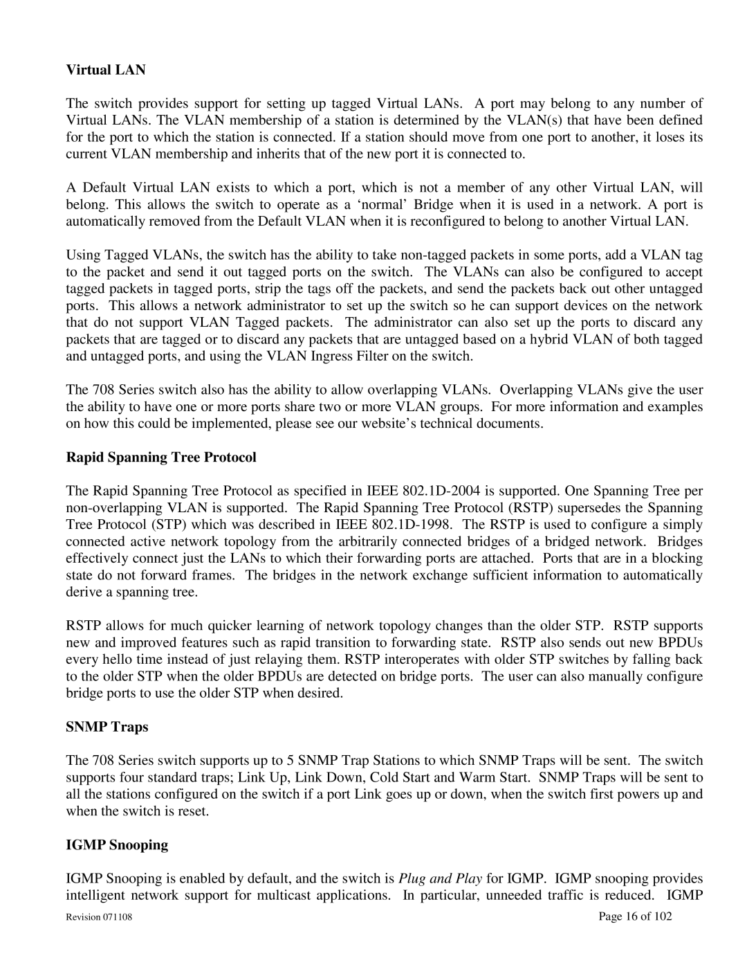 N-Tron 708M12 user manual Virtual LAN, Rapid Spanning Tree Protocol, Snmp Traps, Igmp Snooping 