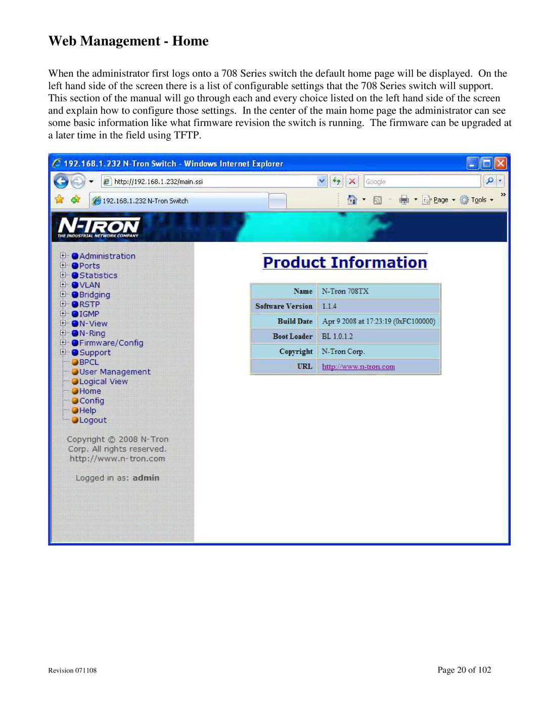 N-Tron 708M12 user manual Web Management Home 