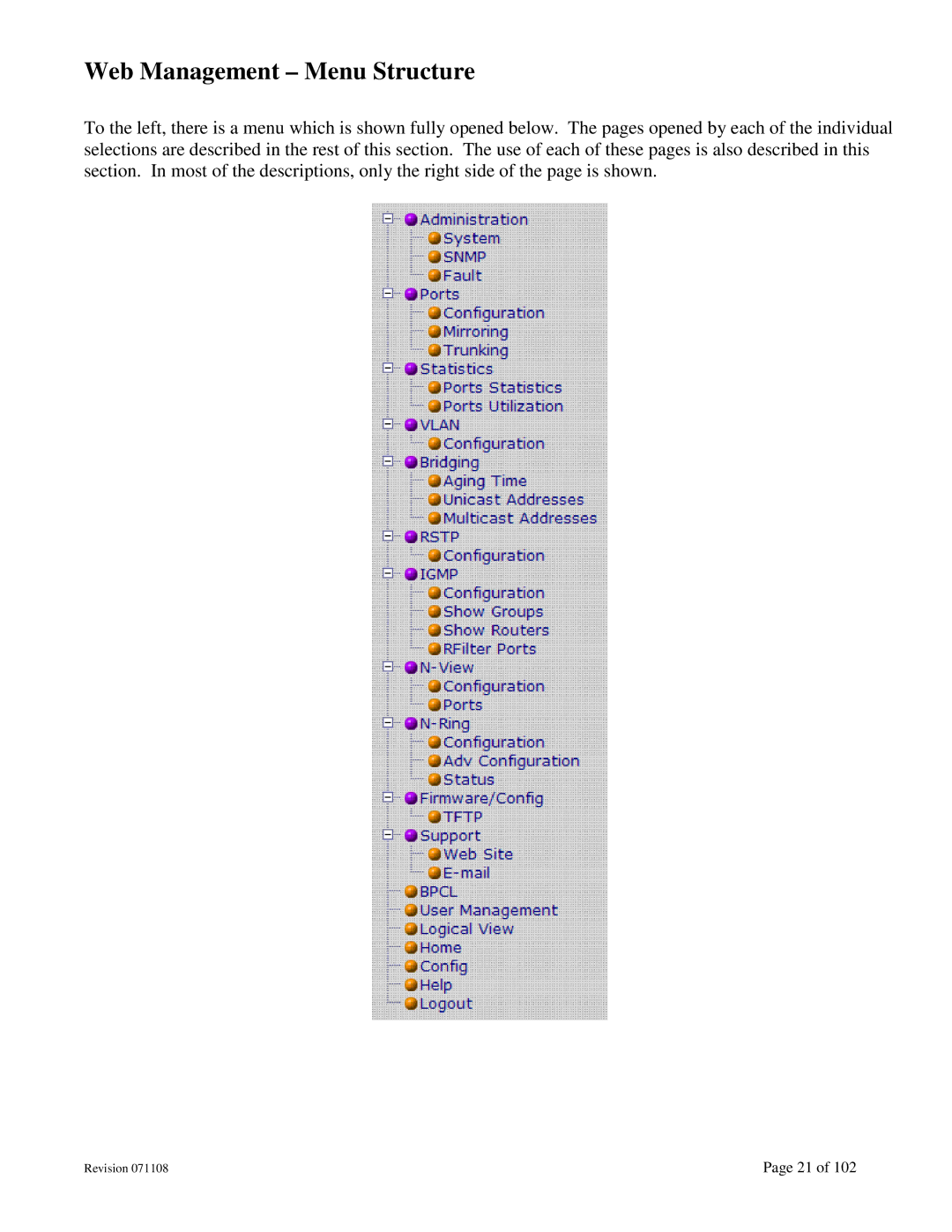 N-Tron 708M12 user manual Web Management Menu Structure 