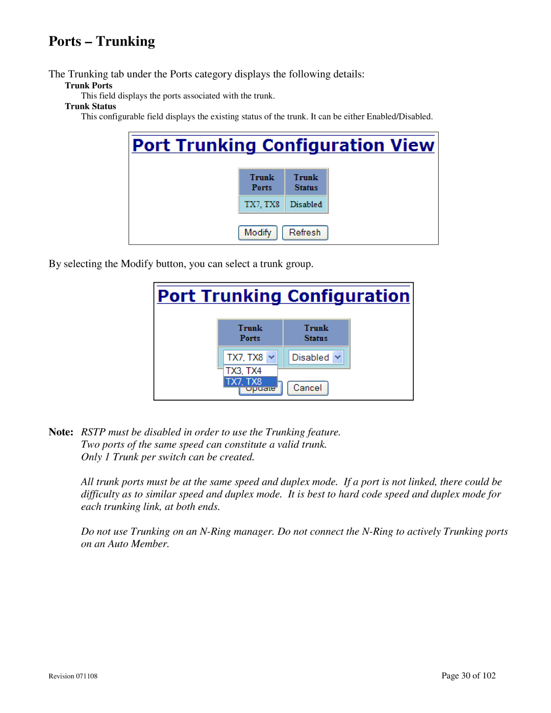 N-Tron 708M12 user manual Ports Trunking, Trunk Ports, Trunk Status 