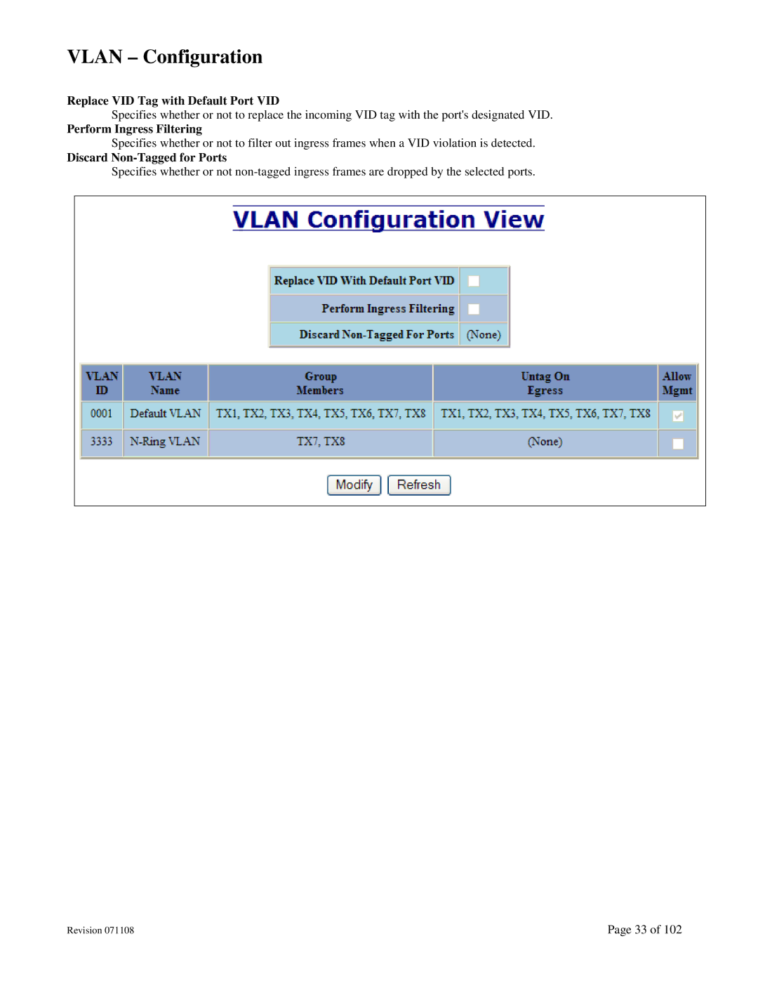 N-Tron 708M12 user manual Vlan Configuration, Replace VID Tag with Default Port VID, Perform Ingress Filtering 