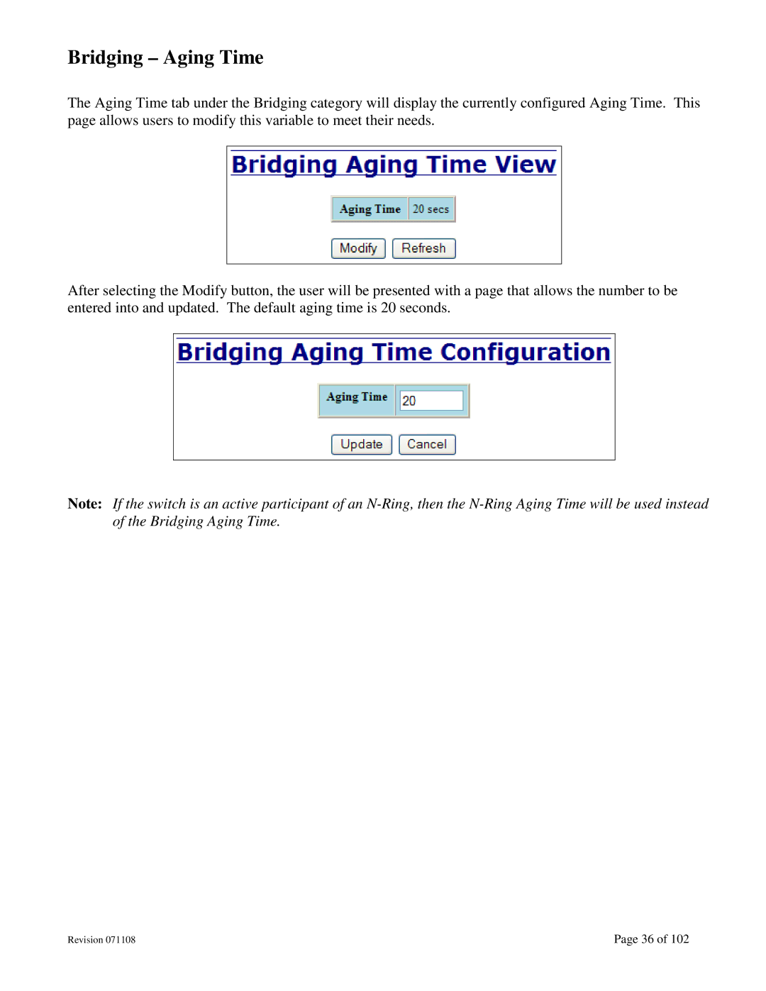 N-Tron 708M12 user manual Bridging Aging Time 