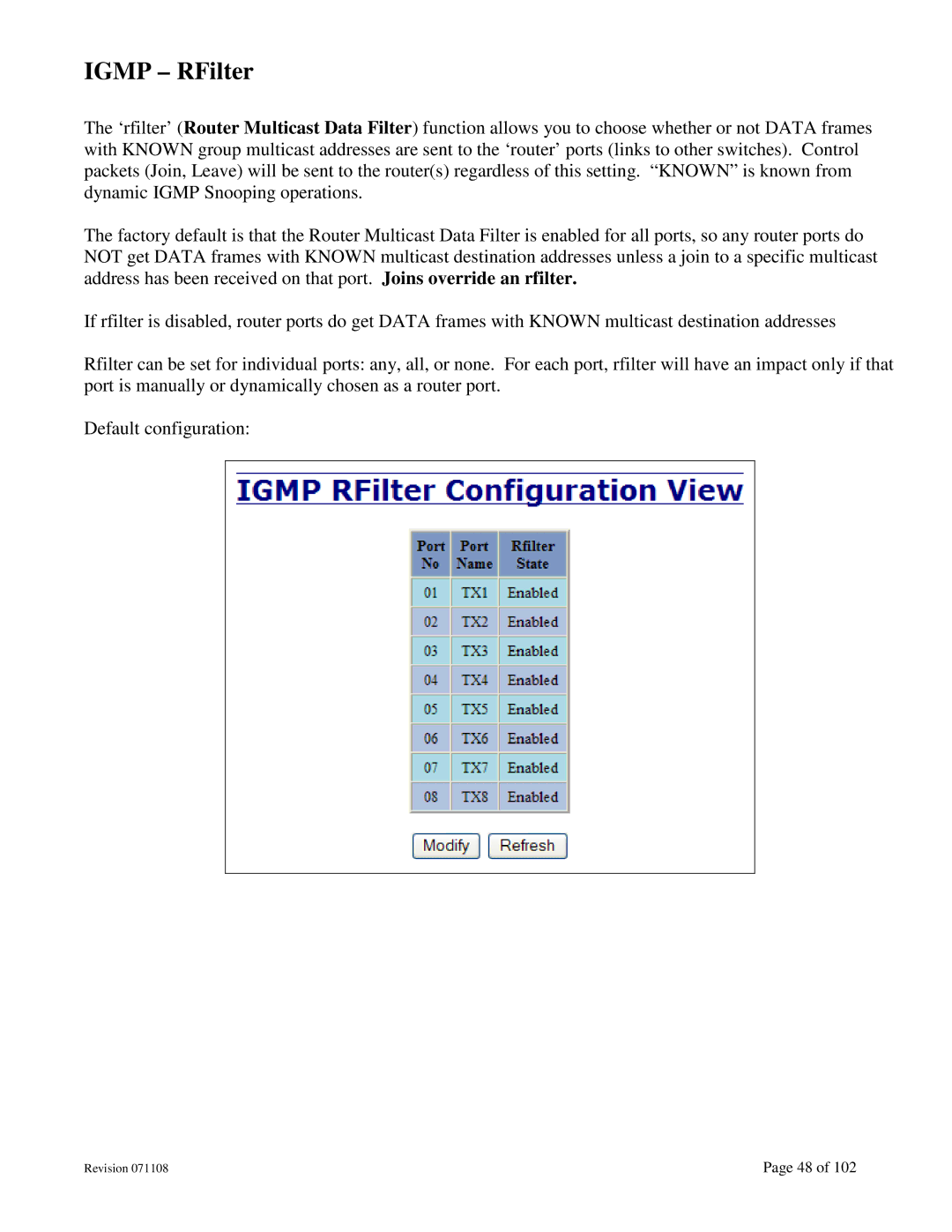 N-Tron 708M12 user manual Igmp RFilter 