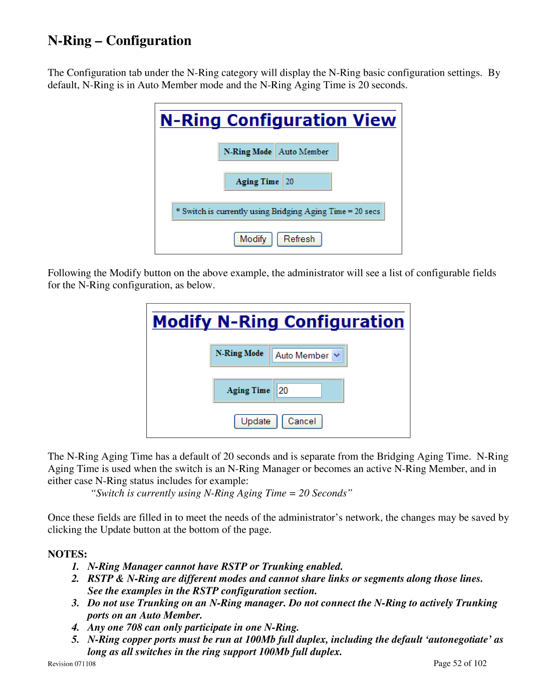 N-Tron 708M12 user manual Ring Configuration, Switch is currently using N-Ring Aging Time = 20 S econds 