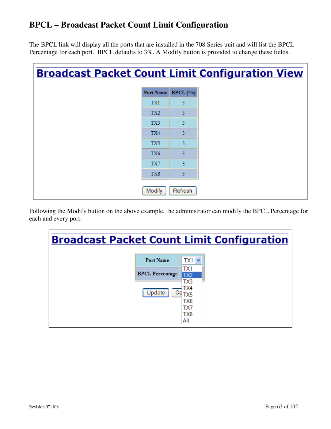 N-Tron 708M12 user manual Bpcl Broadcast Packet Count Limit Configuration 