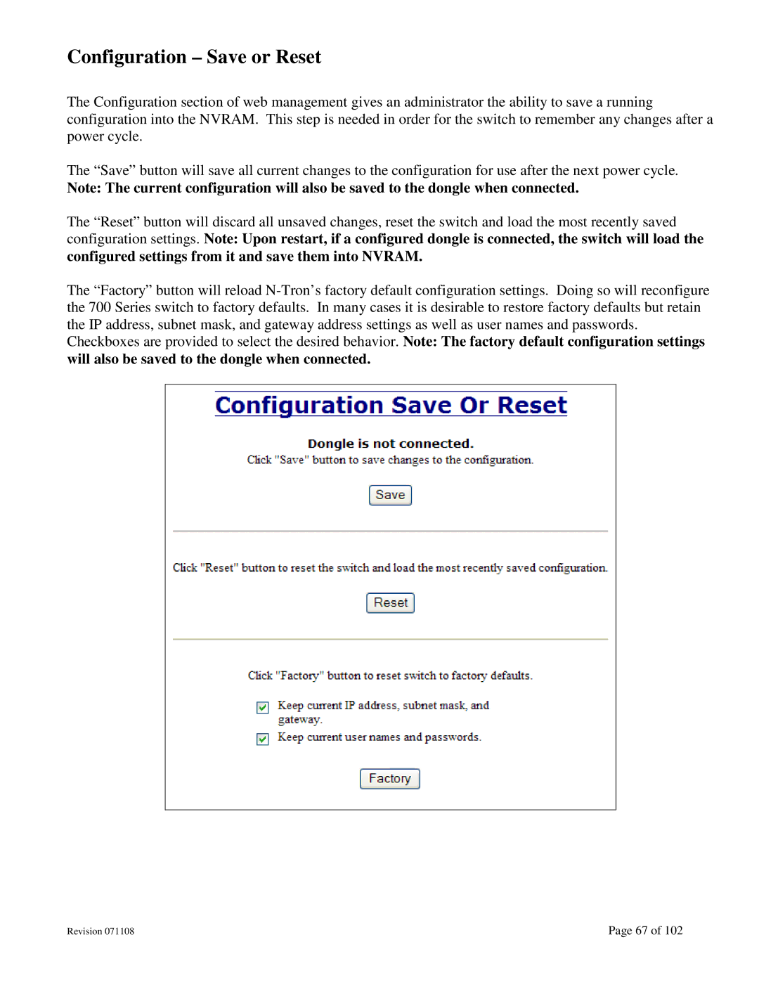 N-Tron 708M12 user manual Configuration Save or Reset, Will also be saved to the dongle when connected 