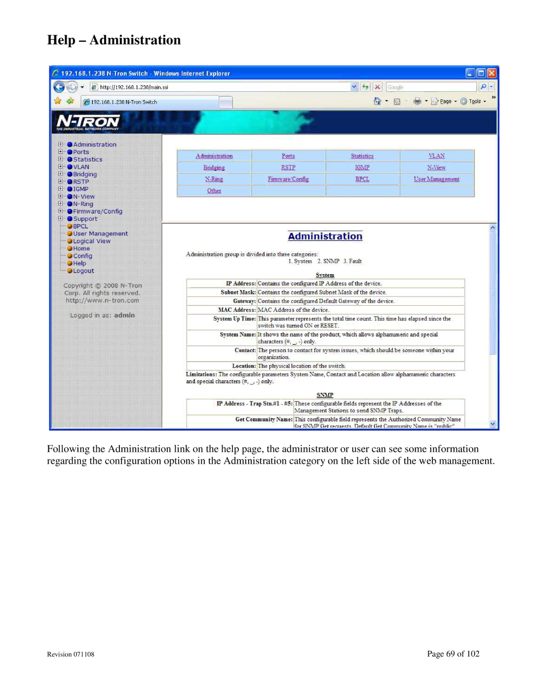 N-Tron 708M12 user manual Help Administration 