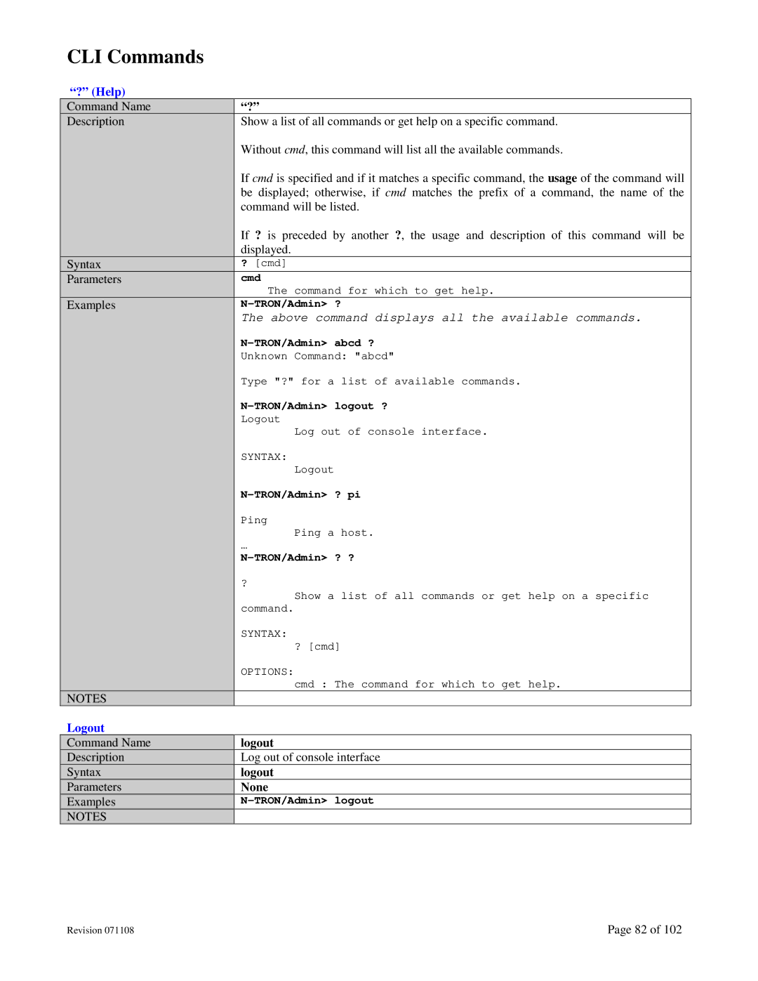 N-Tron 708M12 user manual CLI Commands, Logout, None 