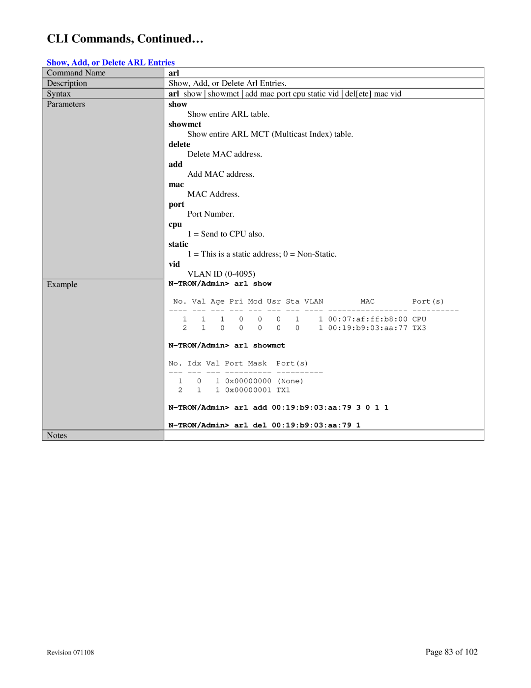 N-Tron 708M12 user manual Arl, Showmct, Delete, Add, Mac, Port, Cpu, Static, Vid 