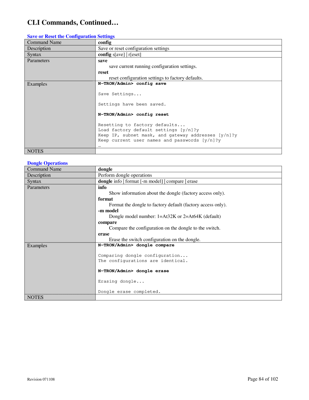 N-Tron 708M12 user manual Config, Save, Reset, Dongle, Info, Format, Model, Compare, Erase 