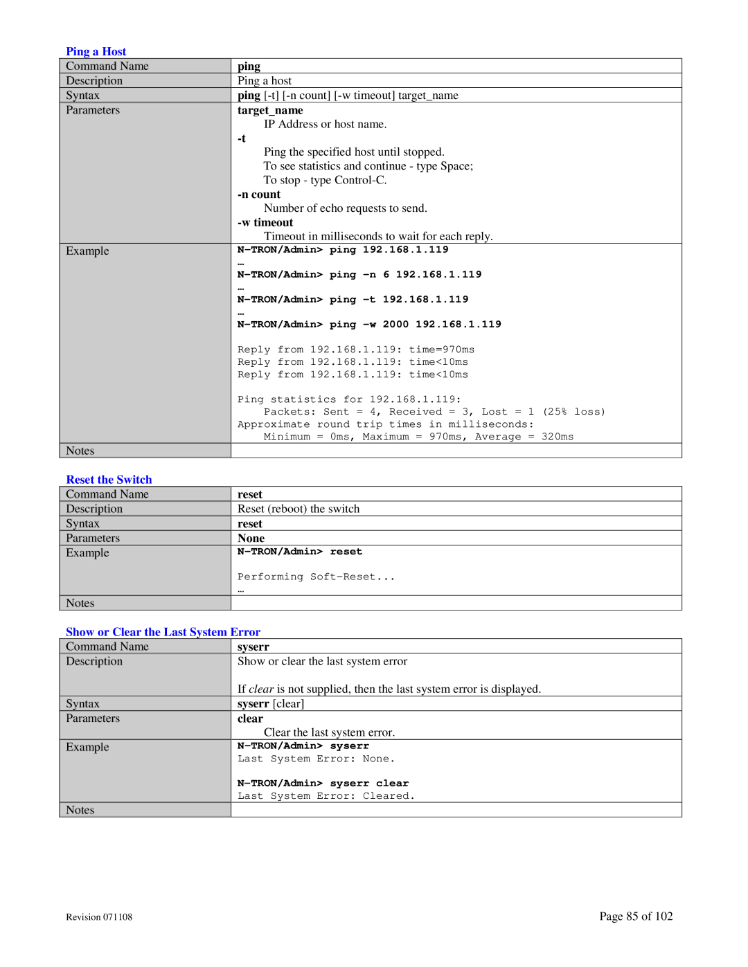 N-Tron 708M12 user manual Ping, Targetname, Count, Timeout, Syserr clear, Clear 