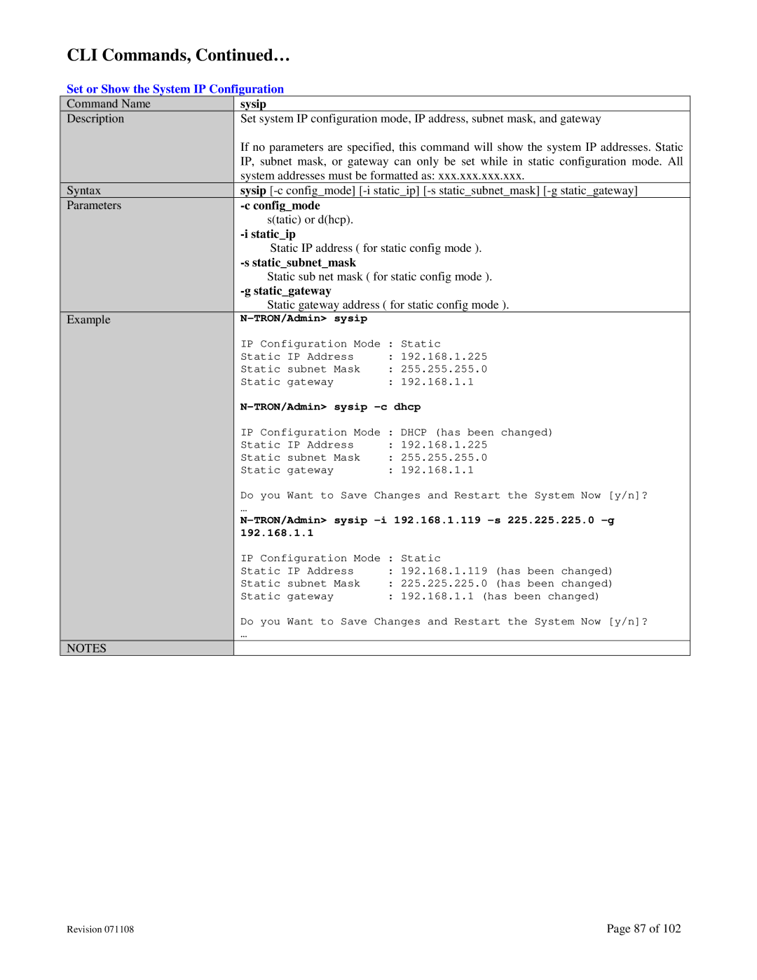 N-Tron 708M12 user manual Sysip, Configmode, Staticip, Staticsubnetmask, Staticgateway 