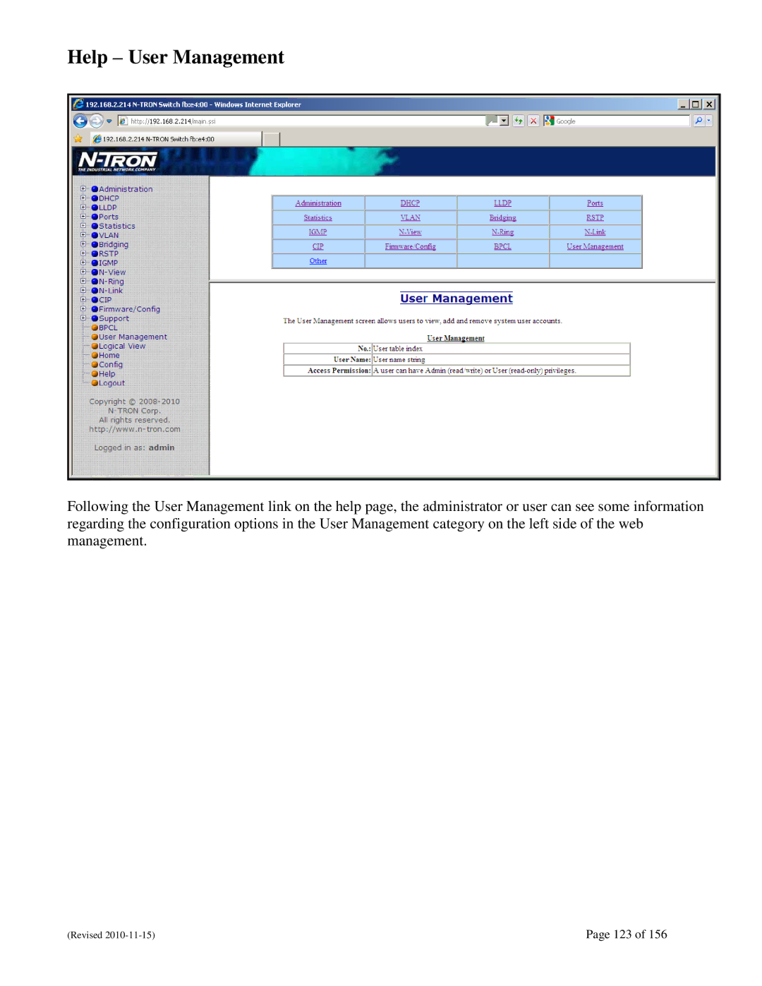 N-Tron 708M12 user manual Help User Management 