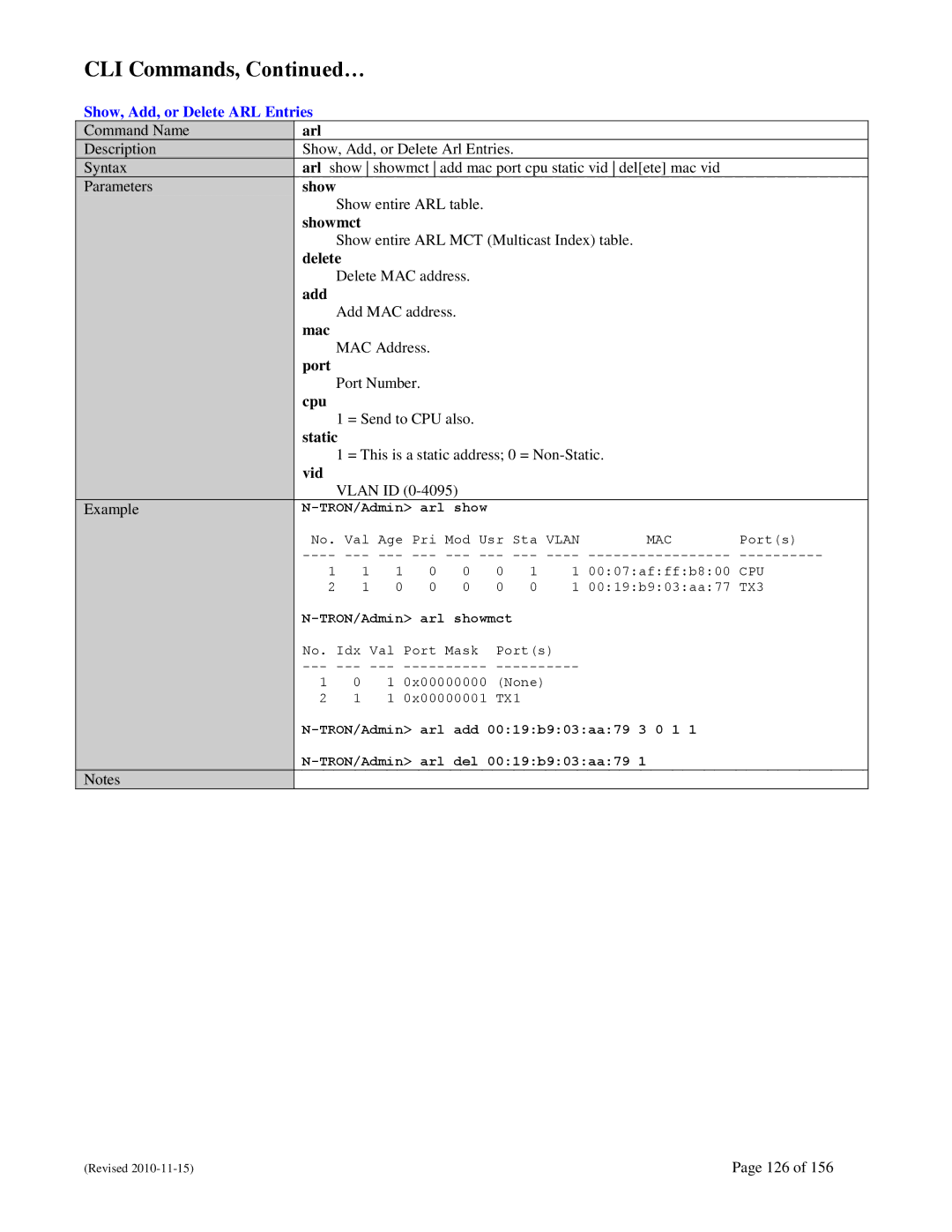 N-Tron 708M12 user manual CLI Commands, …, Show, Add, or Delete ARL Entries 