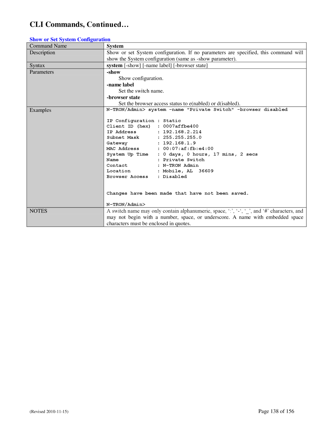 N-Tron 708M12 user manual Show or Set System Configuration, Characters must be enclosed in quotes 