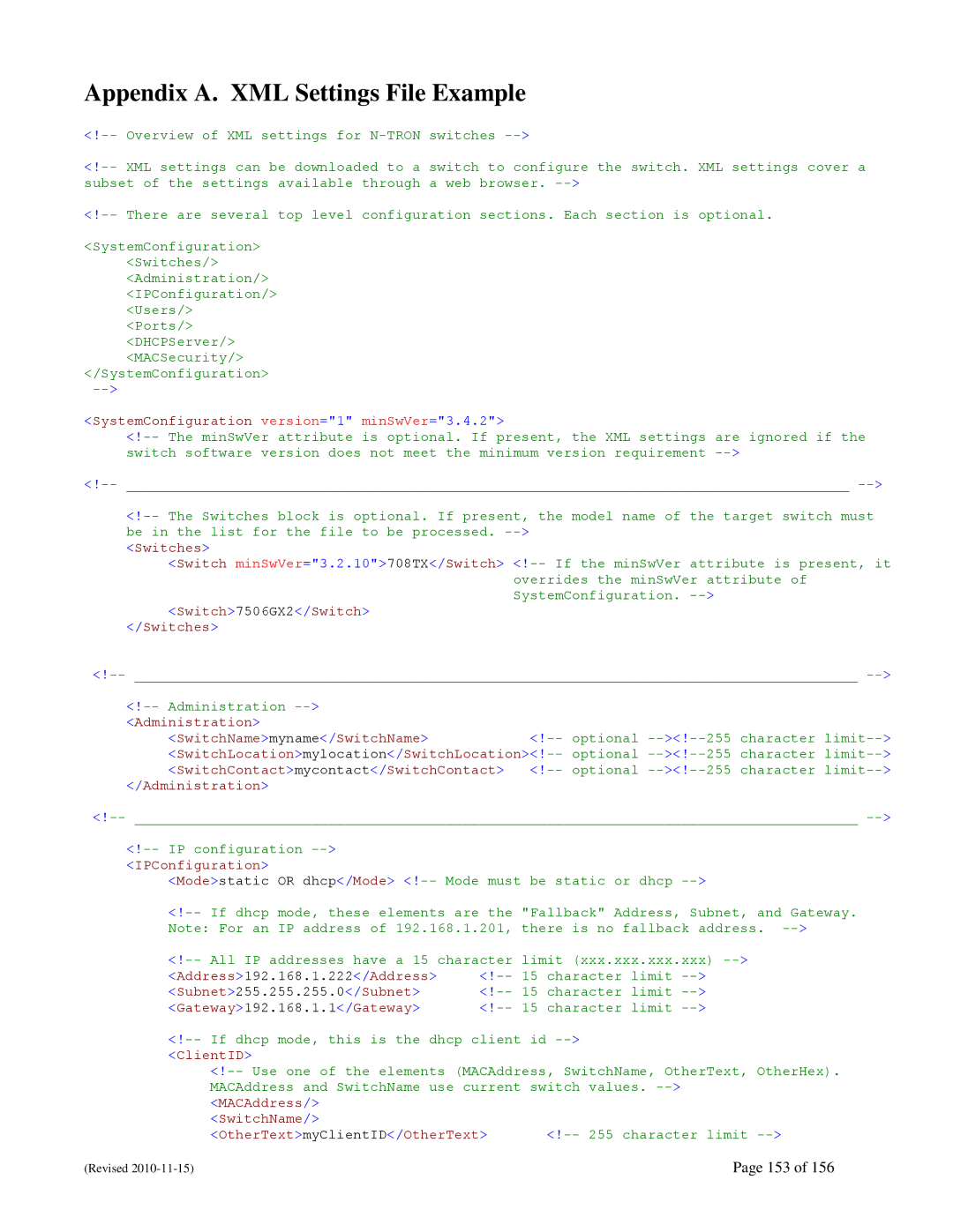 N-Tron 708M12 user manual Appendix A. XML Settings File Example, SystemConfiguration version=1 minSwVer=3.4.2 