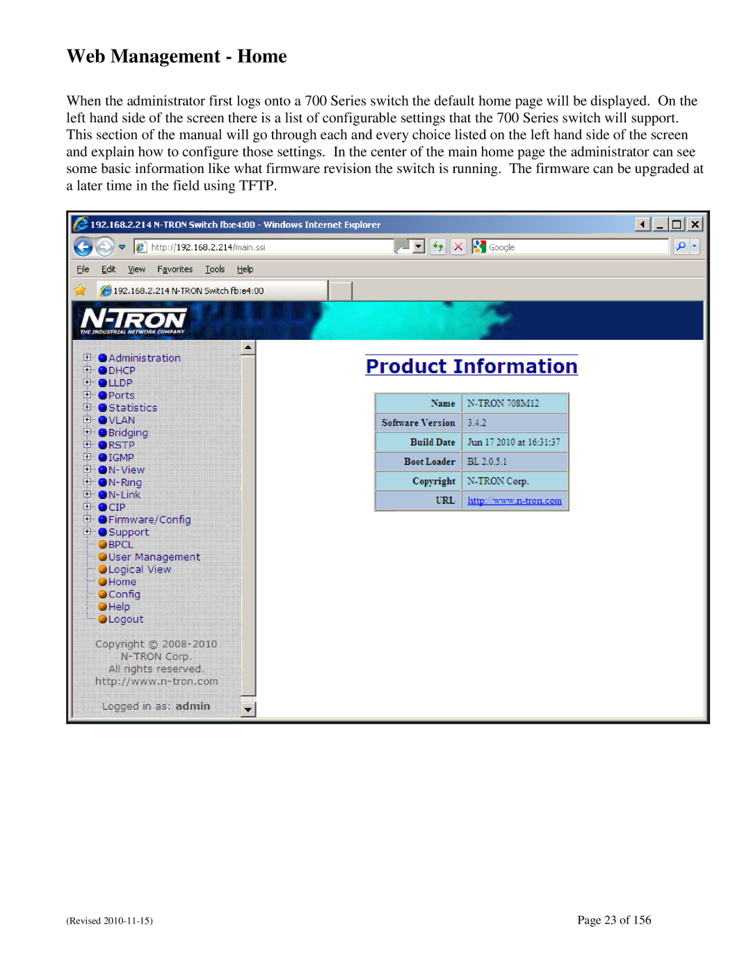 N-Tron 708M12 user manual Web Management Home 