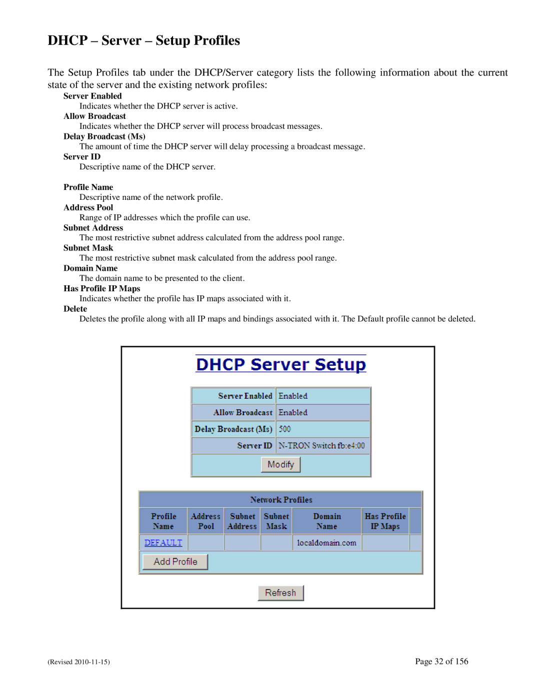 N-Tron 708M12 user manual Dhcp Server Setup Profiles 