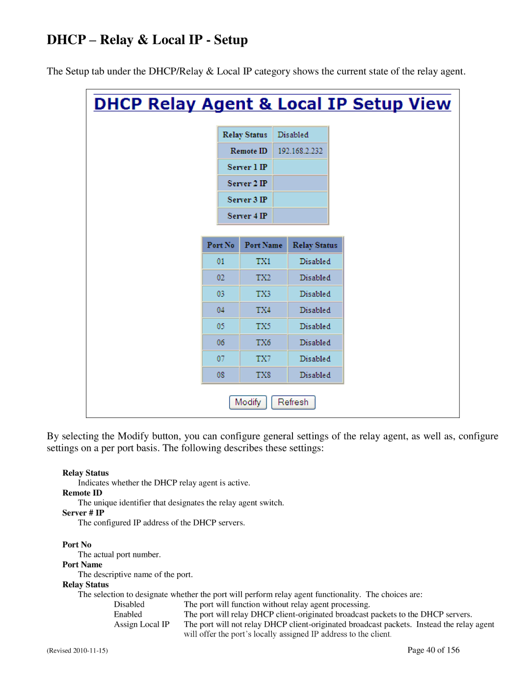 N-Tron 708M12 user manual Dhcp Relay & Local IP Setup, Relay Status, Server # IP 