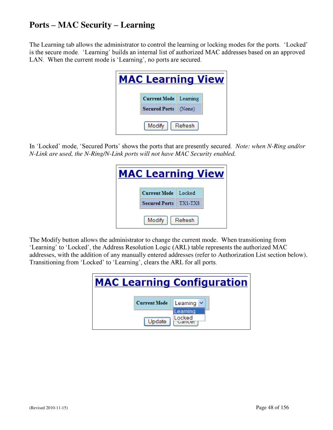 N-Tron 708M12 user manual Ports MAC Security Learning 