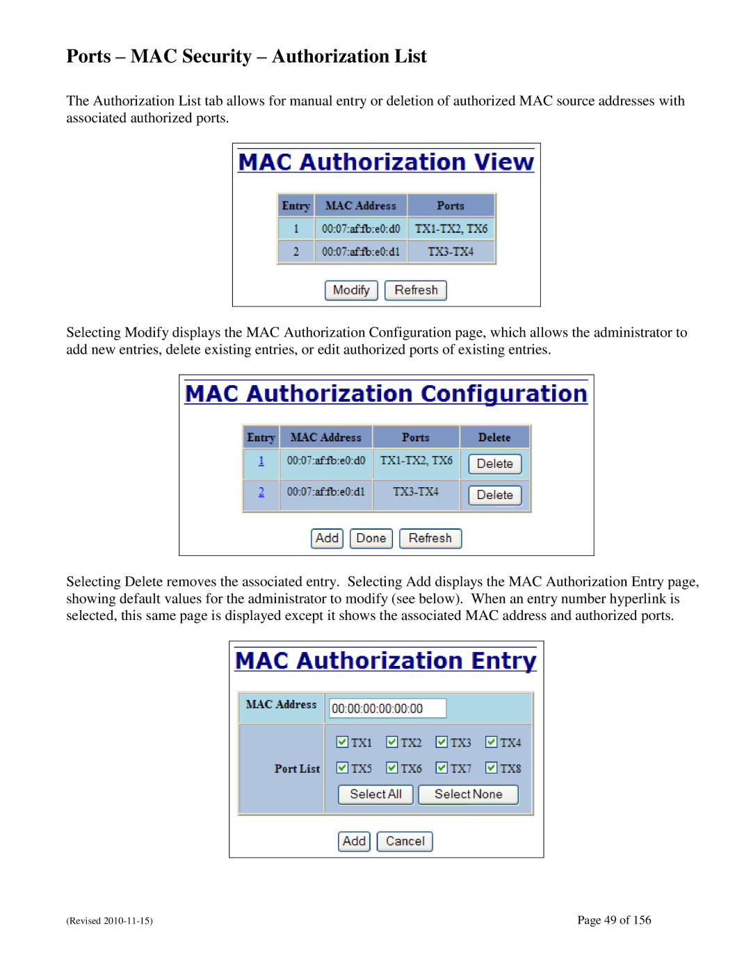 N-Tron 708M12 user manual Ports MAC Security Authorization List 