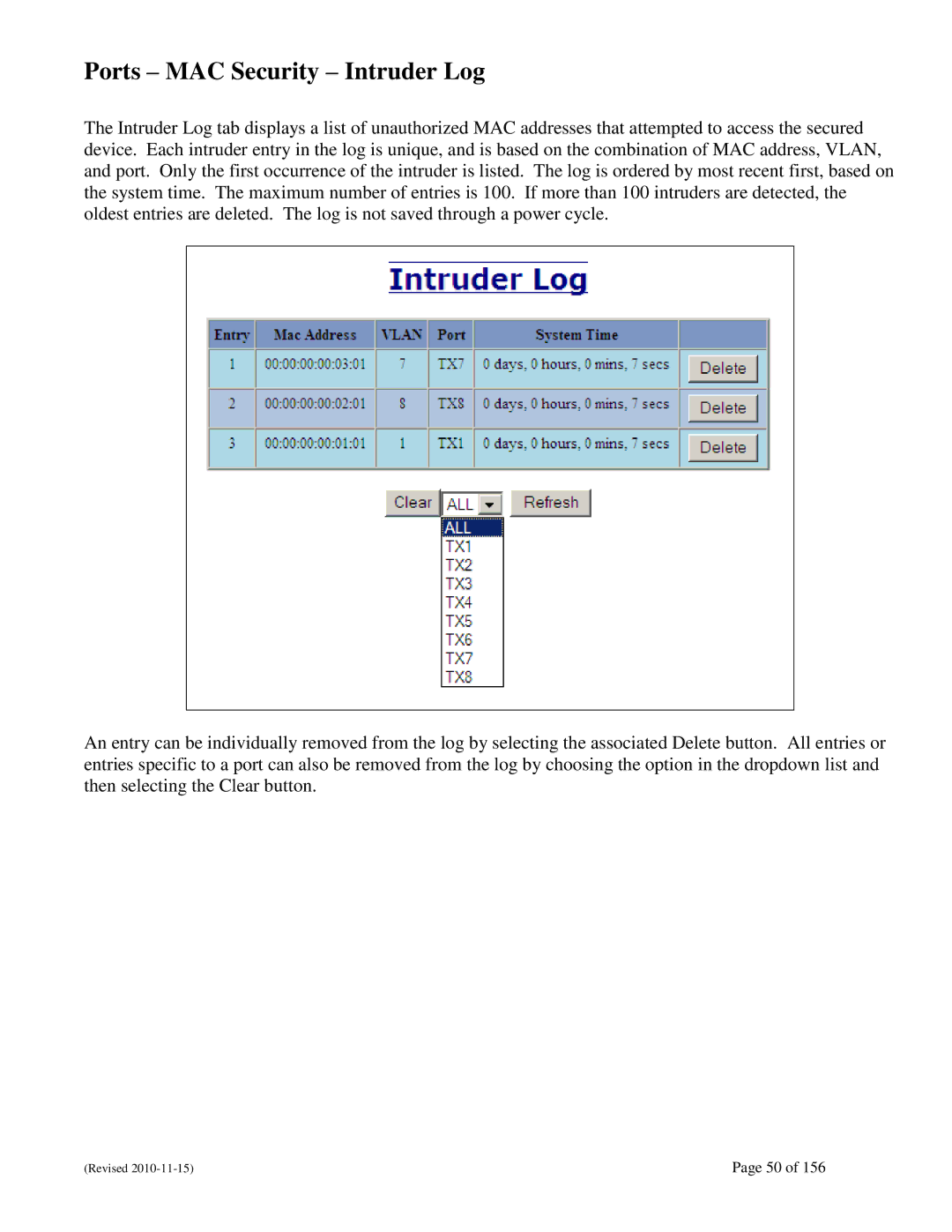 N-Tron 708M12 user manual Ports MAC Security Intruder Log 