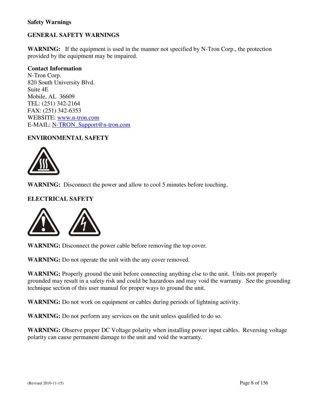 N-Tron 708M12 user manual Safety Warnings, Contact Information 