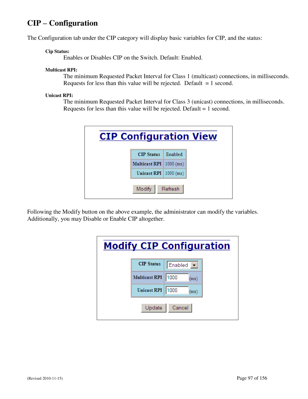 N-Tron 708M12 user manual CIP Configuration, Cip Status, Multicast RPI, Unicast RPI 