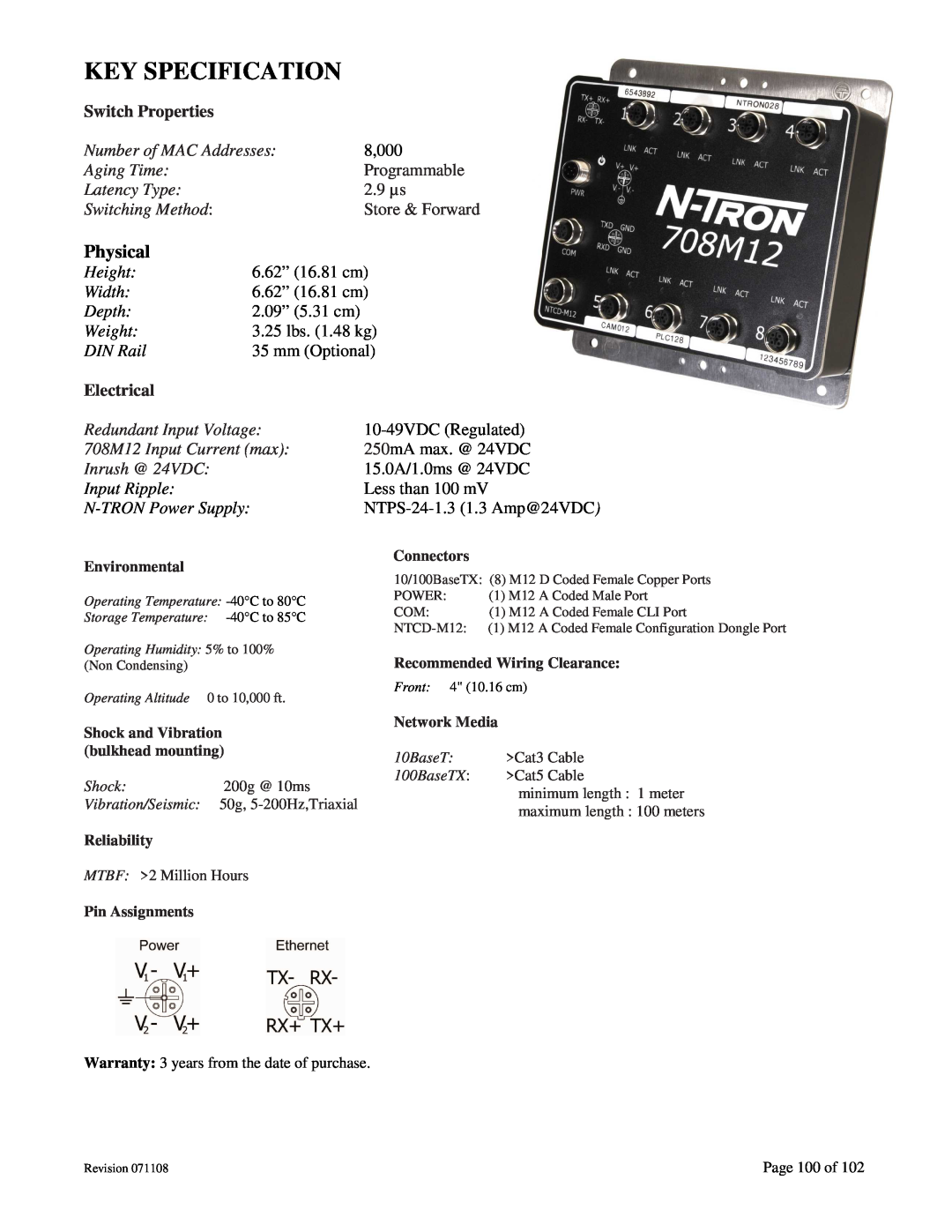 N-Tron 708M12 user manual Key Specification, Physical, Switch Properties, Electrical 
