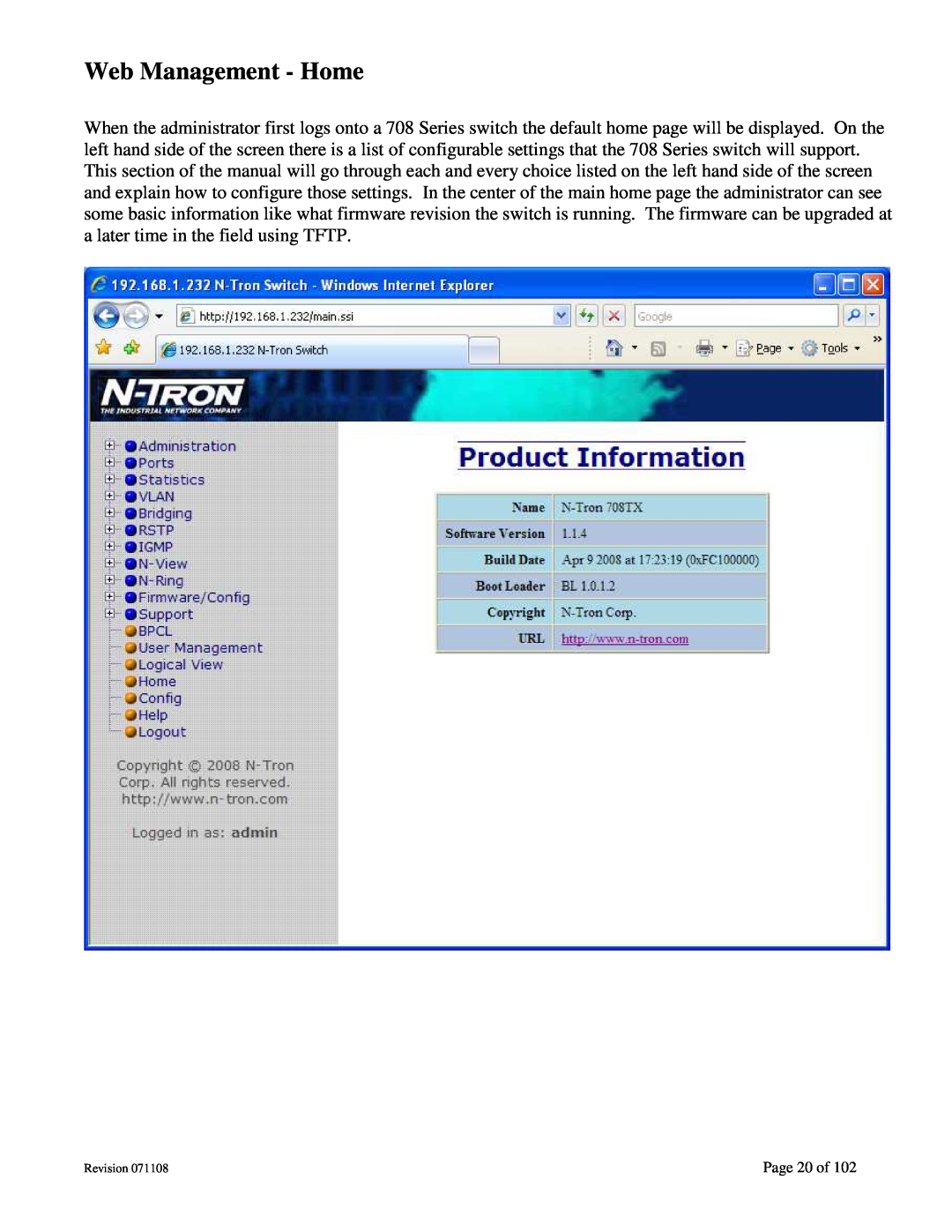 N-Tron 708M12 user manual Web Management - Home, Page 20 of 