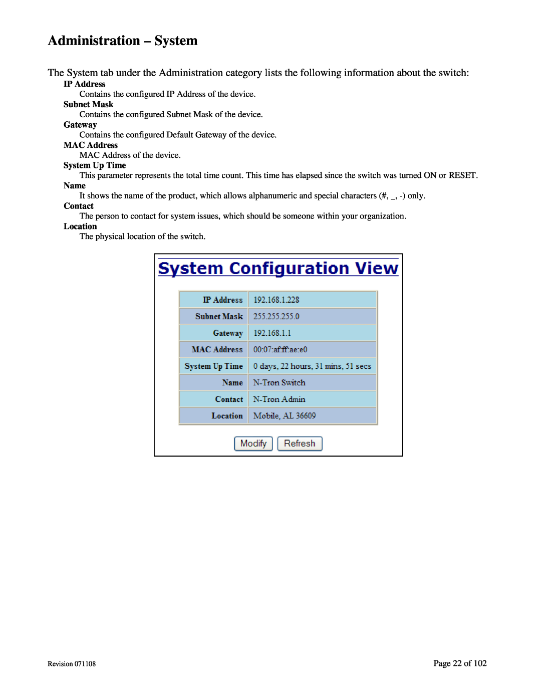 N-Tron 708M12 Administration - System, IP Address, Subnet Mask, Gateway, MAC Address, System Up Time, Name, Contact 