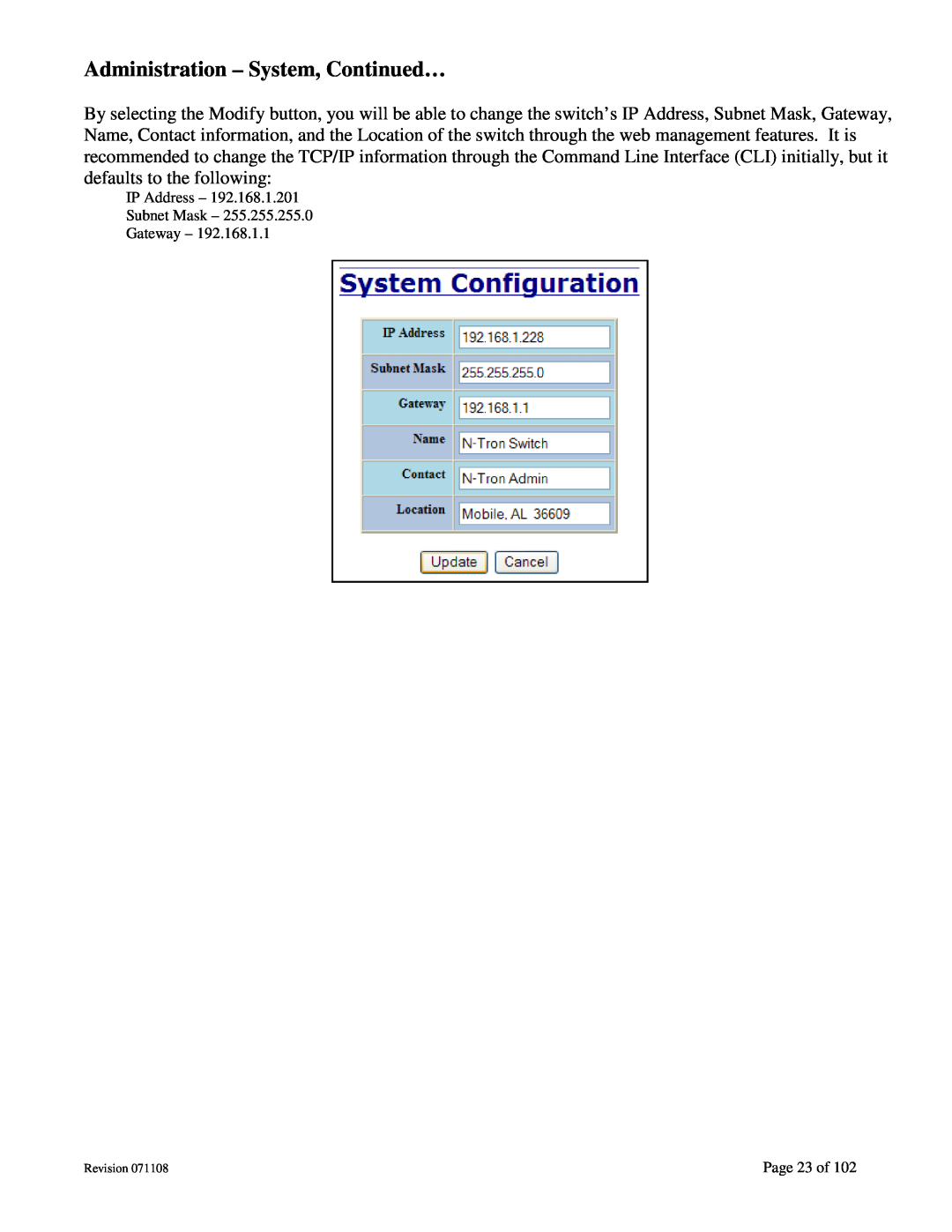 N-Tron 708M12 user manual Administration - System, Continued…, IP Address Subnet Mask Gateway, Page 23 of 