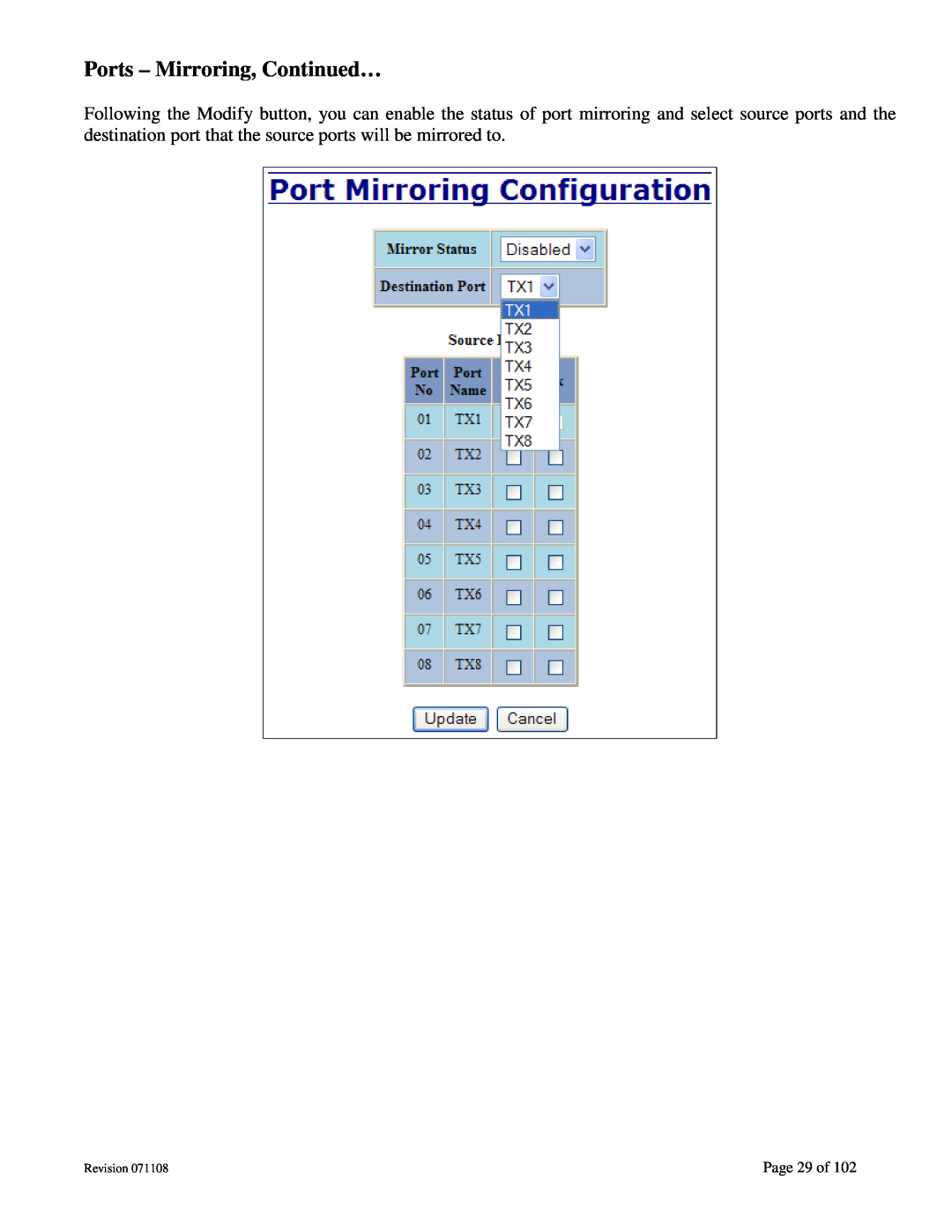 N-Tron 708M12 user manual Ports - Mirroring, Continued…, Page 29 of, Revision 